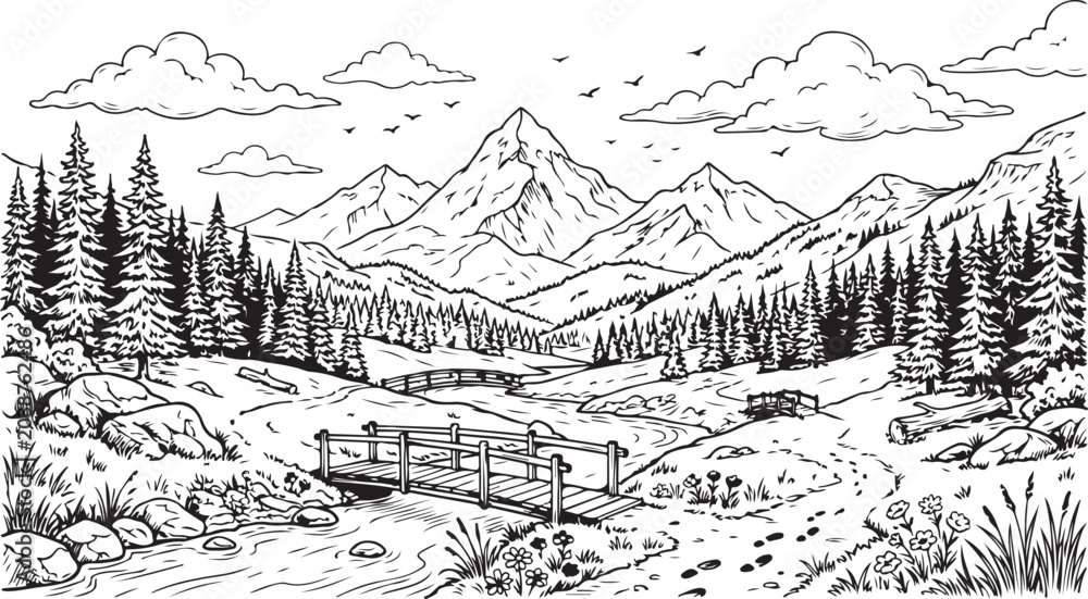 Fototapeta premium Hand drawn alpine valley walking trail illustration with peaceful mountain scenery