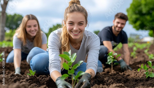 Group of happy volunteers planting young trees in a community garden project.