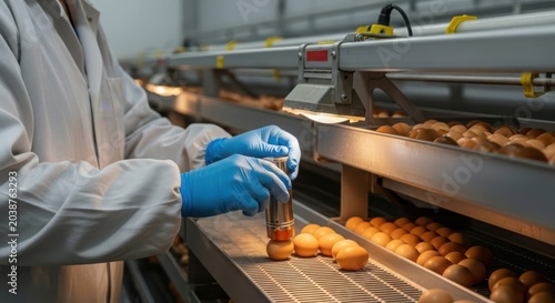 Poultry farm worker carefully candling eggs on a conveyor belt in a modern hatchery facility