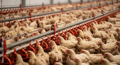 A large flock of young broiler chickens gathered around automated feeding equipment in a commercial farm environment