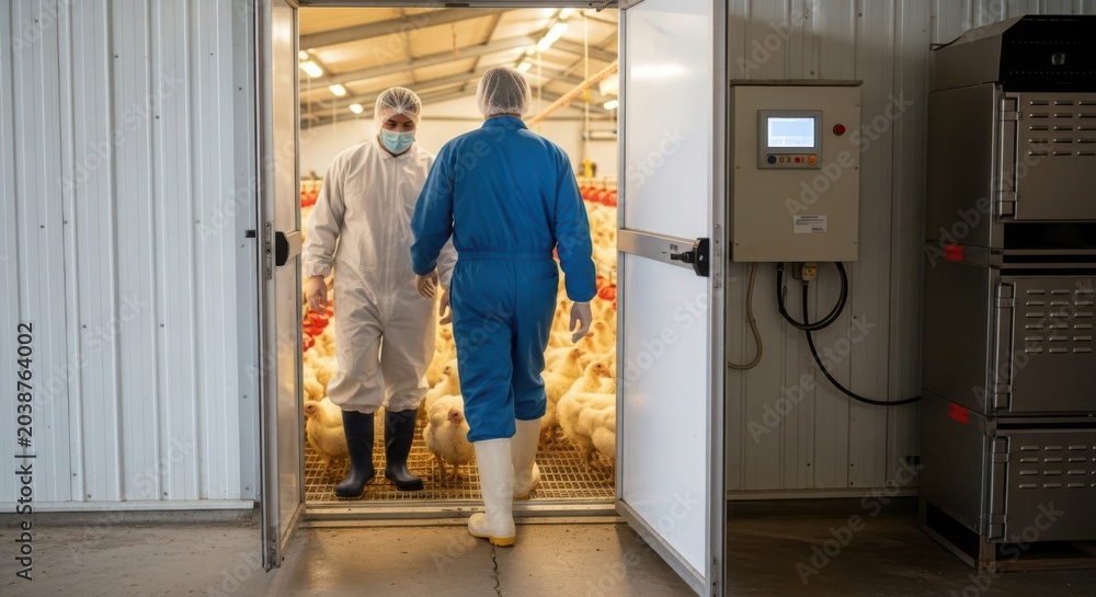Fototapeta premium Farm workers in protective gear entering a poultry breeder facility with a flock of chickens