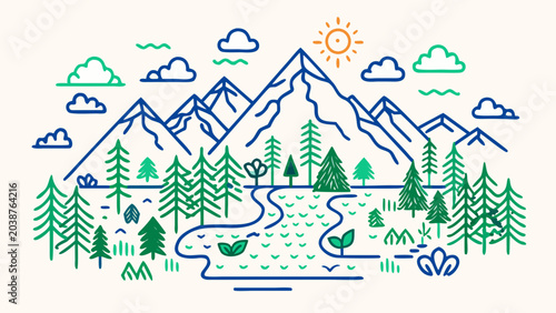 Drawing of mountains and trees with a river under a sun and clouds in a natural landscape scene Generative AI