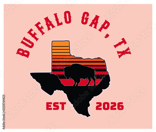 Texas souvenir vector illustration with bison silhouette, western typography and sunset