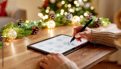 Person drawing snowflakes on a digital tablet during the holiday season.