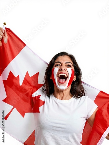 Excited Canadian soccer fan holding national flag with face paint
