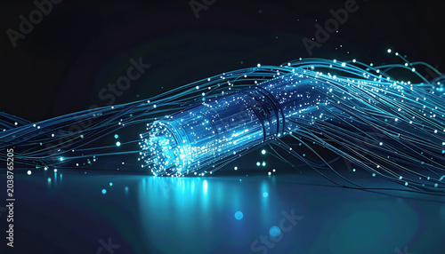 Close-up of a glowing blue fiber optic cable bundle with light particles, technology