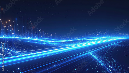 Abstract glowing blue light landscape with particles, representing digital network