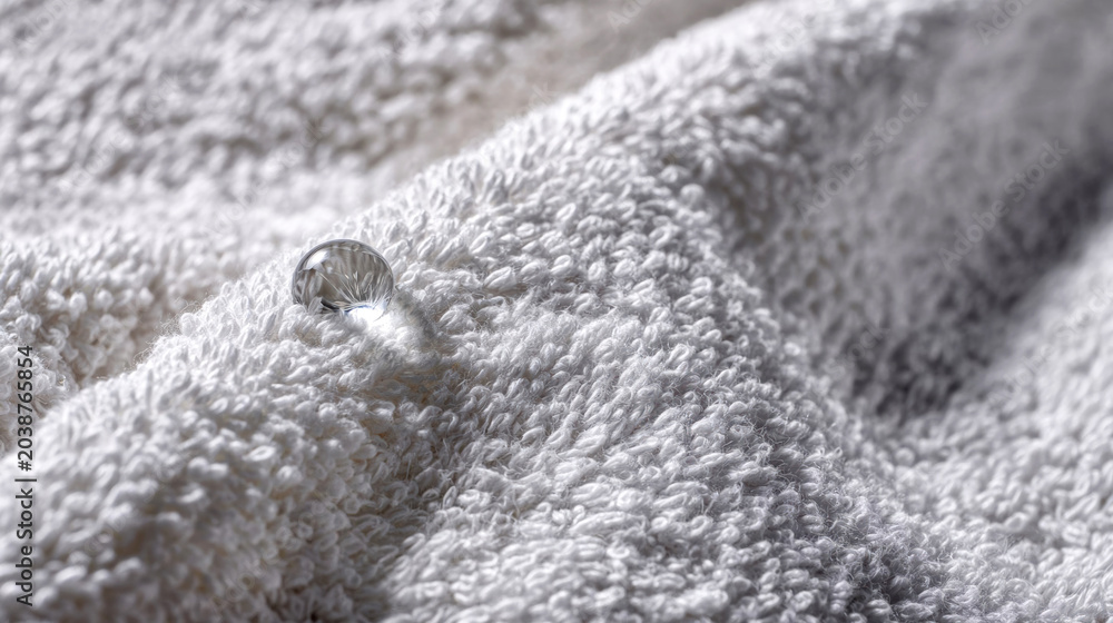 Obraz premium Close-up of a water droplet resting on a soft white towel, showcasing the texture and fibers of the fabric in a well-lit indoor setting