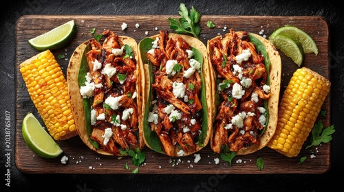 Three savory handheld wraps filled with shredded meat and crumbled white cheese are arranged on a wooden serving board alongside grilled corn and lime wedges.