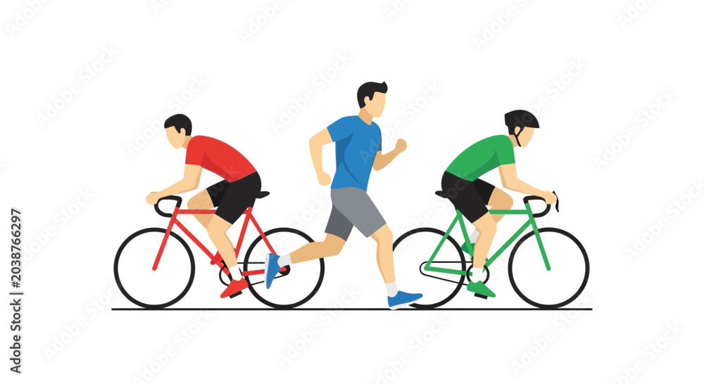 Obraz premium Illustration of two cyclists and a runner in a triathlon training activity.