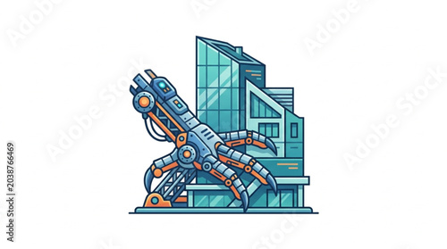 Foto Robot in front of skyscraper.