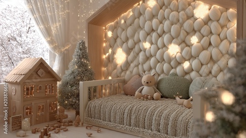 Cozy bedroom corner features soft textures and warm holiday decorations near a snowy window view
