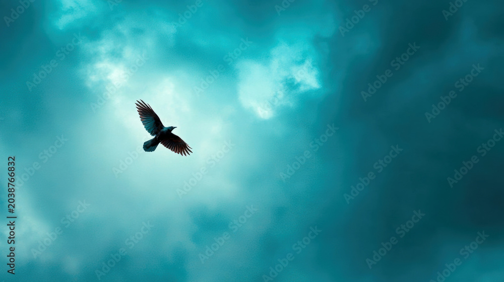 Fototapeta premium Bird soaring through a cloudy sky with dramatic lighting, wings spread wide against a backdrop of dark and light blue clouds