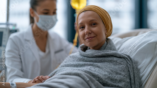 Oncology pharmacist in cancer center infusion suite adjusting IV drip rate on ambulatory infusion pump for seated chemotherapy patient wrapped in blanket, medication administration verification scan