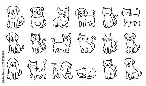 Photography :
Cute dogs and cats doodle icon set hand drawn pet outline vector collection
