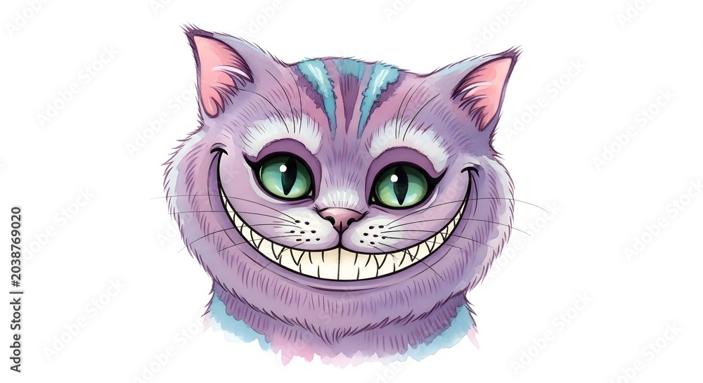 Fototapeta premium Colorful smiling cartoon cat with large eyes and striped fur