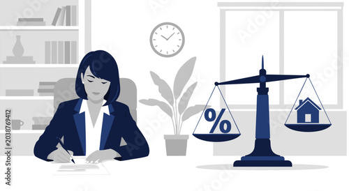 A vector illustration of a woman signing documents with a scale balancing percentage and house icons, representing real estate decisions