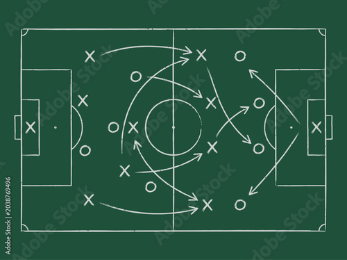 Foto Soccer field tactics diagram showing strategy with arrows, Xs, and Os on a green