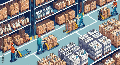 Workers unload boxes from warehouse shelves using pallet jacks