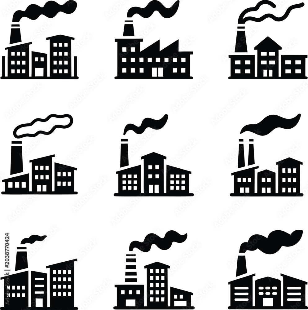 Obraz premium Industrial Factory Buildings with Smoking Chimneys on White Background