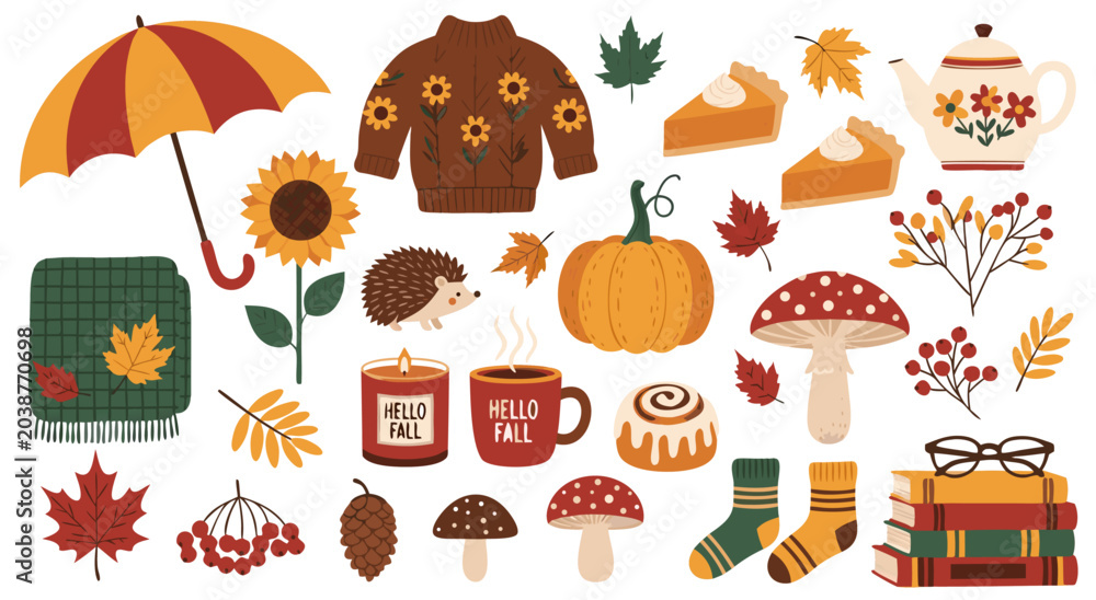 Obraz premium Fall season vector illustration featuring cozy elements like pumpkins, sweaters, pies, and leaves