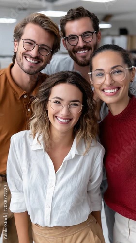 Friendly Faces in Focus: A group of four young, smiling professionals, all wearing glasses, pose for a close-up shot, radiating warmth and approachability in a modern office setting.