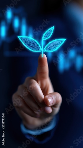 Sustainable finance esg investing green energy blue leaf finger touch digital interface for ethical portfolio growth with calm confidence