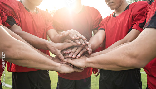 Young soccer team players in red jerseys huddling with hands stacked, showing unity and teamwork on a sunny field, sports motivation