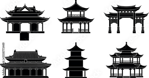 Fotografie Collection of ancient Asian architecture black silhouettes featuring traditional