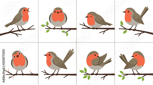 Εκτύπωση καμβά Cute Robin Bird Illustration Collection Featuring Red Breasted Songbirds Perched