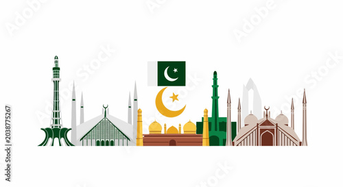 Schilderij op canvas Pakistan Skyline Illustration Featuring National Landmarks and Cultural Symbols