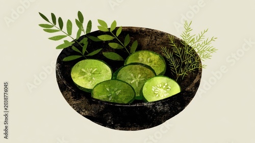 Slices of green vegetable arranged artfully in a dark textured bowl with foliage accents