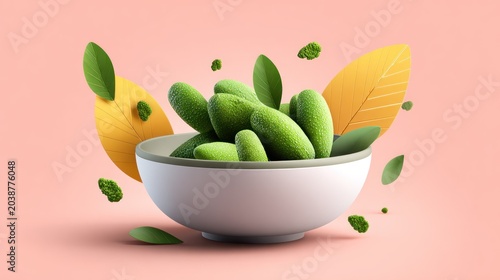 Green pods with decorative leaves float above a simple white bowl against a soft pastel background