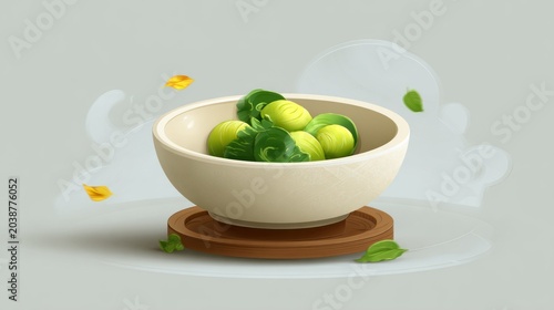 Creamy ceramic bowl holds several fresh green vegetables set against a light gray background.