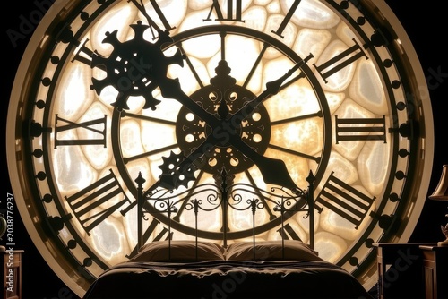 Grand clock with ornate Roman numerals glows warmly