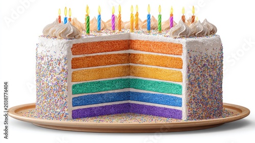 Celebration layer cake with colorful layers and lit candles is cut to reveal interior texture