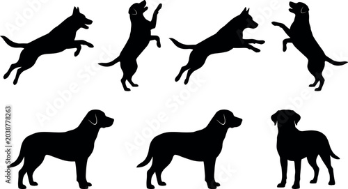 Obraz na płótnie Dog silhouette vector set with labrador shepherd icons jumping standing begging