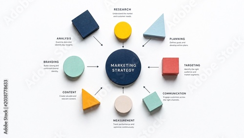An abstract marketing strategy concept featuring geometric shapes, arranged in a clean and professional top-down view.