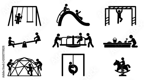 Foto Playground icons, black silhouette playground equipment, kids' playset symbols,
