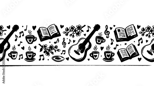 Fotografía Black and white music, coffee, book border vector illustration, guitar icons, mu