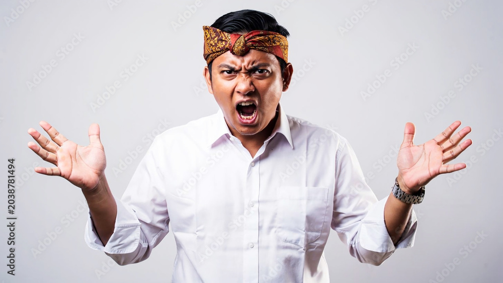 Fototapeta premium An Asian man who is demonstrating various expressions, confusion, happiness, anger, dizziness, smiling, pointing his finger,