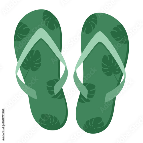 Summer green Flip Flops with monstera leaves pattern isolated on white background. Vector Slippers for design, sticker, scrapbooking,  greeting card, invitation, party. 