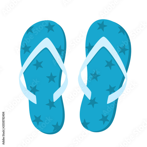 Summer blue Flip Flops with star pattern isolated on white background. Vector Slippers for design, sticker, scrapbooking,  greeting card, invitation, party. 
