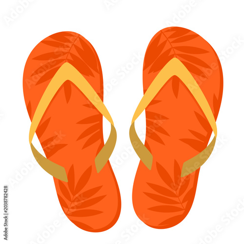 Summer orange Flip Flops with palm leaves pattern isolated on white background. Vector Slippers for design, sticker, scrapbooking, greeting card, invitation, party.