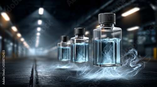 Glass bottles with liquid and smoke in an industrial setting
