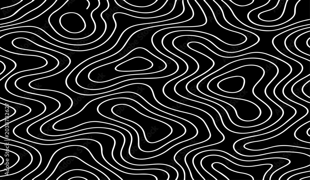 Obraz premium Abstract Topographic Contour Lines Vector Illustration Design in Black and White with Flowing Organic Map Pattern for Modern Minimal Background, Geographic Terrain Line Art Texture.