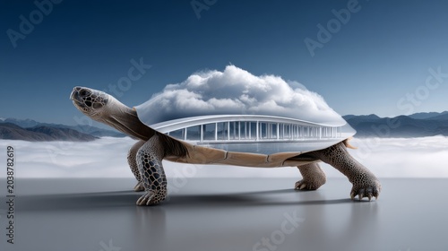 Turtle carries a building with clouds on its shell over a mountain landscape