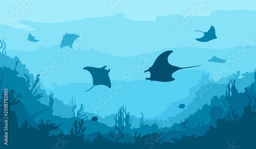 Foto Manta rays swimming underwater vector background