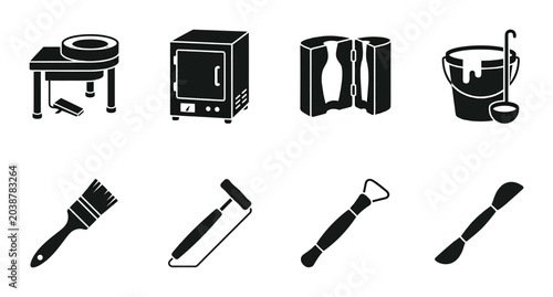 Foto 8 Pottery Craft Tools Silhouette Icons, Flat, for Ceramic Art Creation