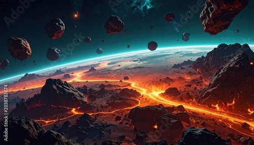 Alien Planet Landscape with Lava Flows and Asteroids.